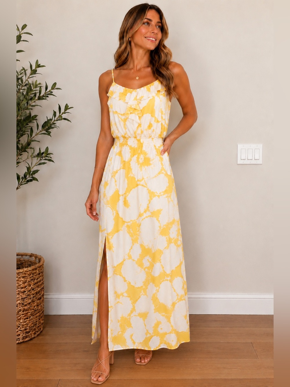 LOFT Tropical Yellow & White Hibiscus Print Maxi Dress with Side Slit, Petite 8